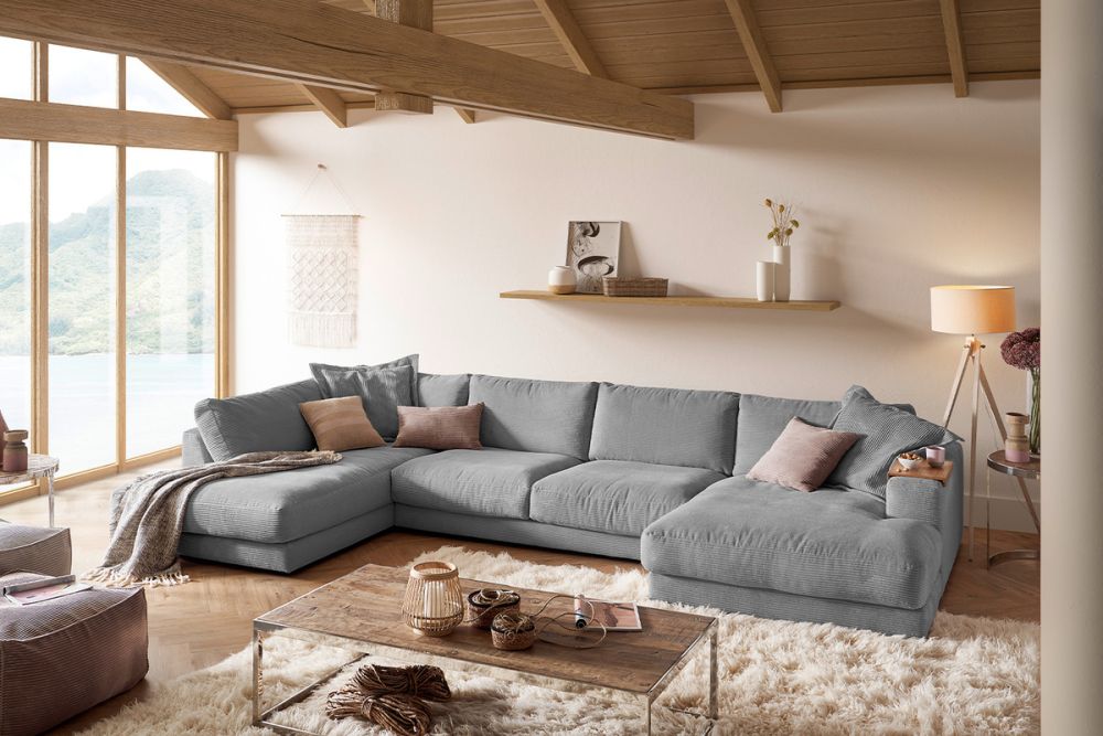 KAWOLA Sofa MADELINE Wohnlandschaft U-Form Cord grau