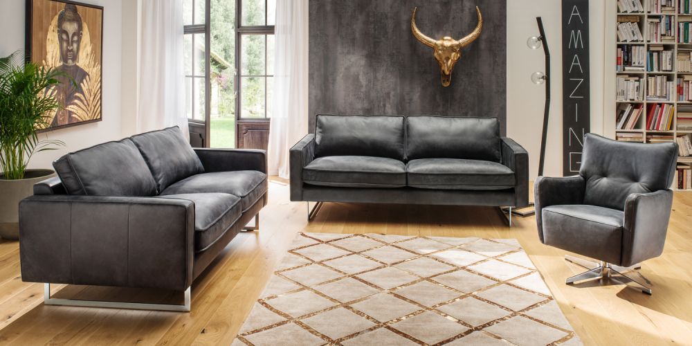 KAWOLA Sofa-Garnitur ALINE 3 teilig 3,5-Sitzer, 2,5-Sitzer und Sessel Leder schwarz