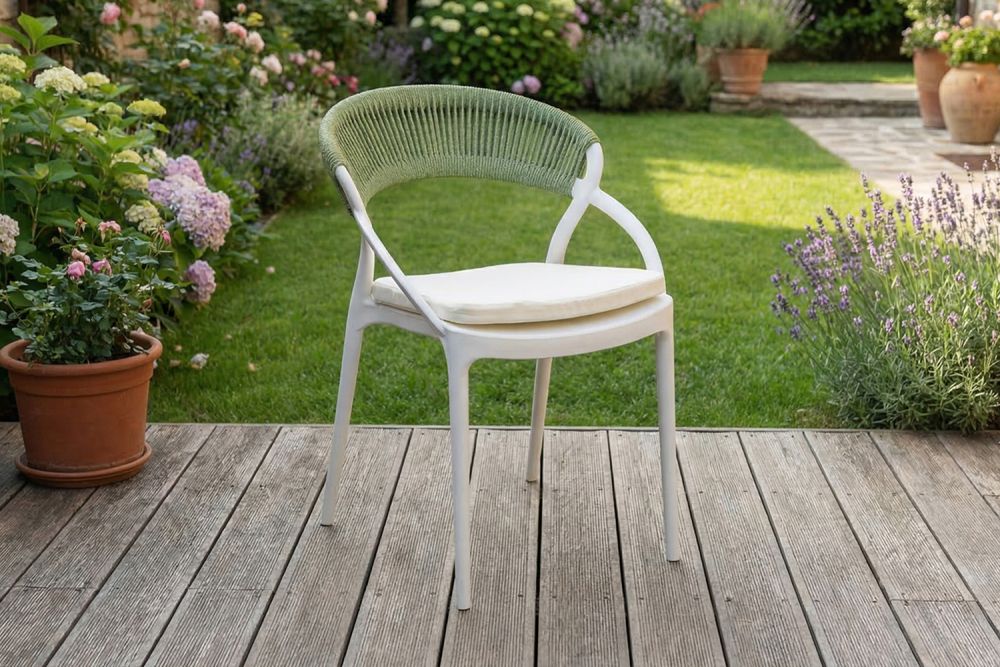 KAWOLA Gartenstuhl KISO Outdoor weiß mit Kissen Rückenlehne Rope grün