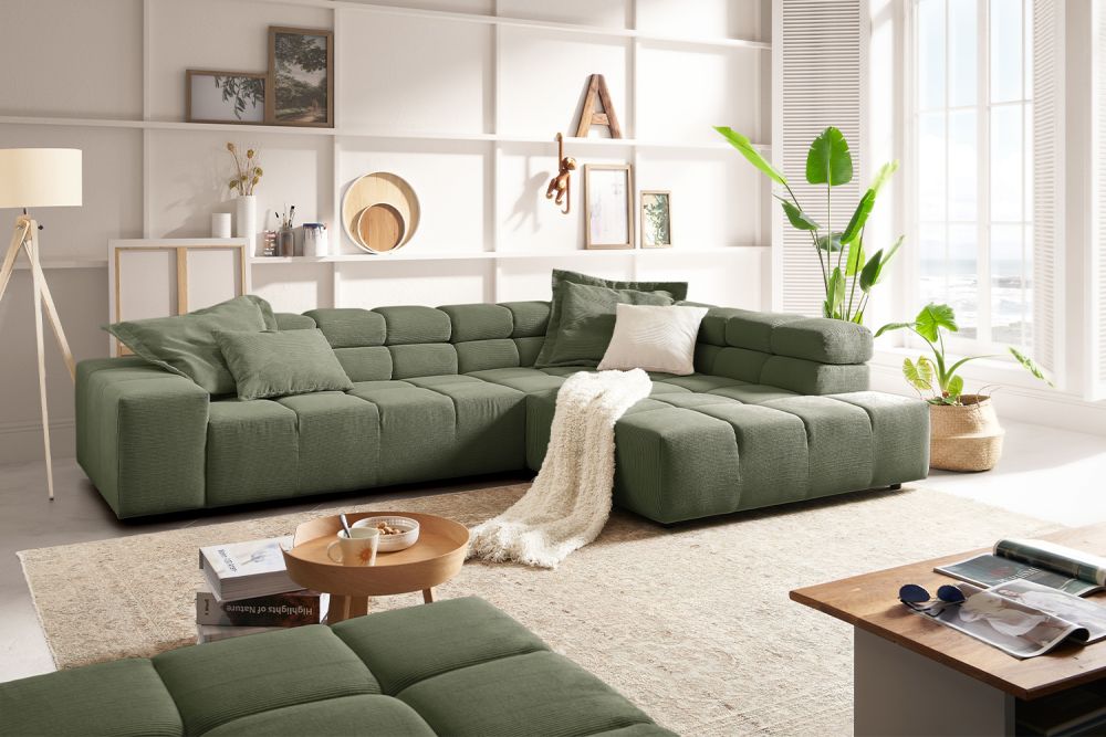 KAWOLA Sofa NEVADA Ecksofa Feincord olivgrün