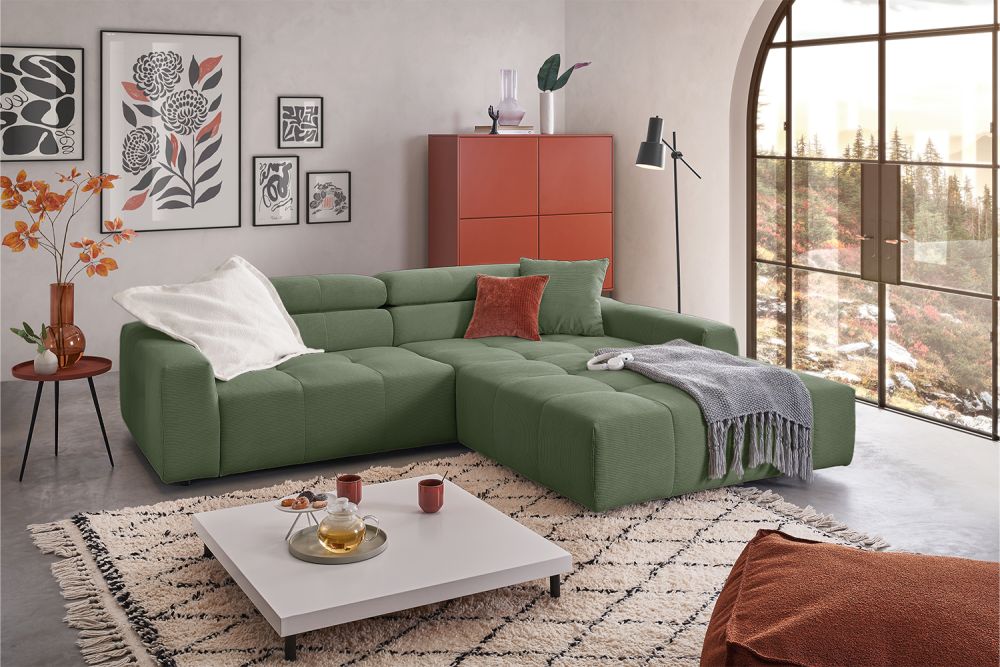 KAWOLA Sofa RENO Ecksofa Feincord olivgrün