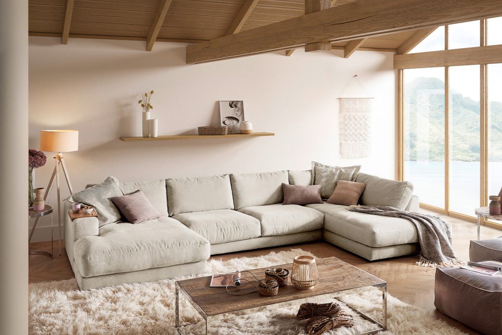 KAWOLA Sofa MADELINE Wohnlandschaft U-Form Cord cremeweiß