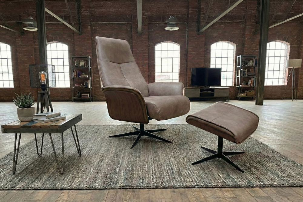 KAWOLA Relaxsessel FERREIRA Drehsessel Lederfaserstoff anthrazit mit Hocker