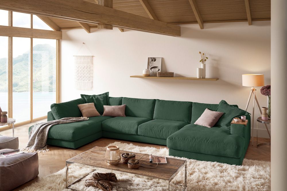 KAWOLA Sofa MADELINE Wohnlandschaft U-Form Cord smaragd