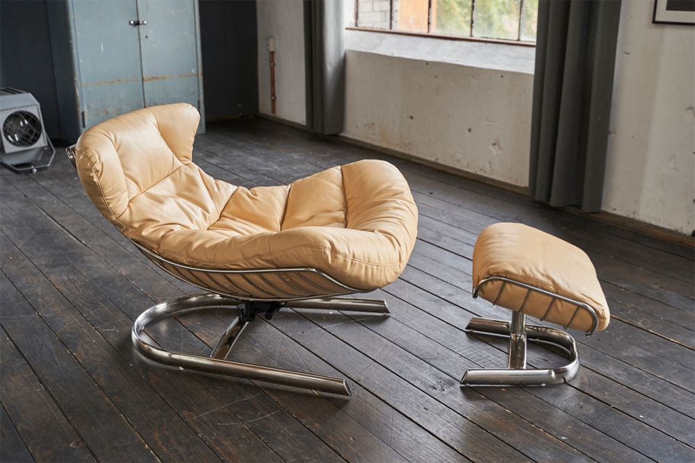 B-Ware KAWOLA Relaxsessel ROWE Sessel Leder creme (B/H/T) 87x80x110cm inklusive Hocker
