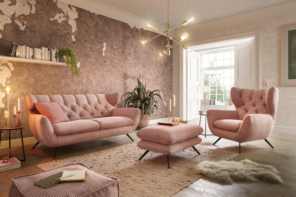 KAWOLA Sitzgruppe CHARME Sofa Sessel Hockerbank Cord rosa