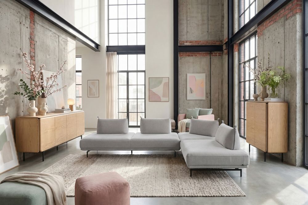 KAWOLA Ecksofa CANE Schlafsofa Daybed Stoff grau