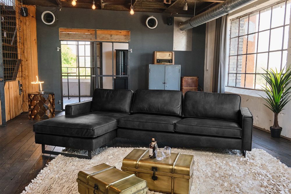 KAWOLA Ecksofa VILNIUS 3-Sitzer mit Longchair links Lederfaserstoff schwarz