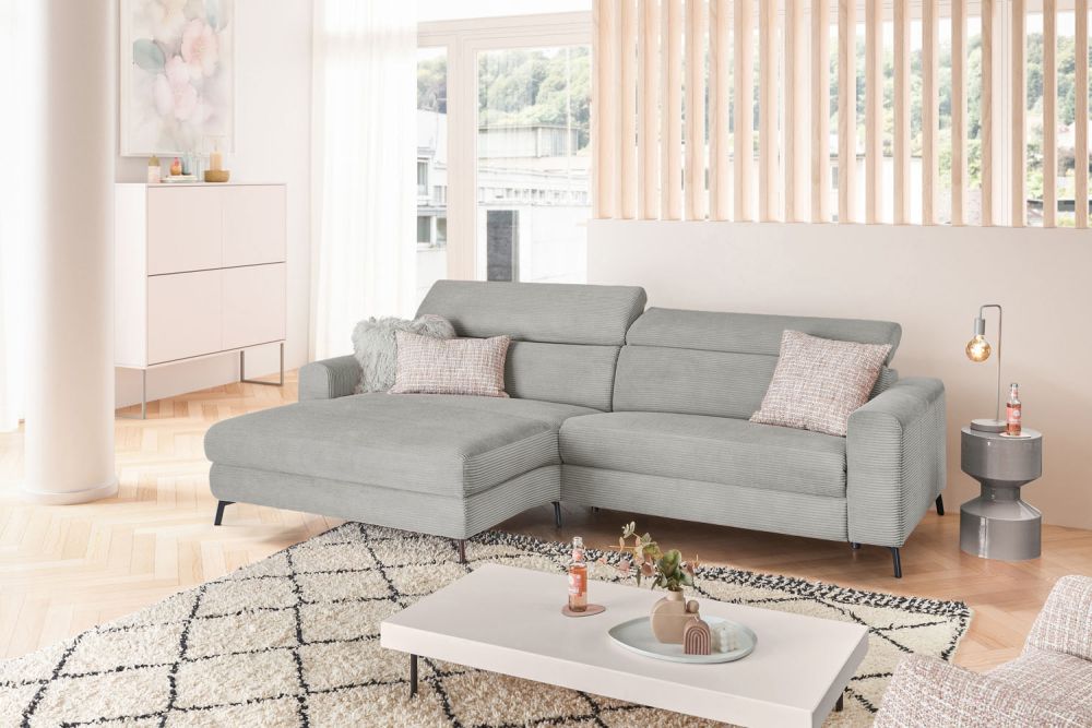KAWOLA Sofa LAISKA Ecksofa Relaxfunktion teilmotorisch Cord hellgrau