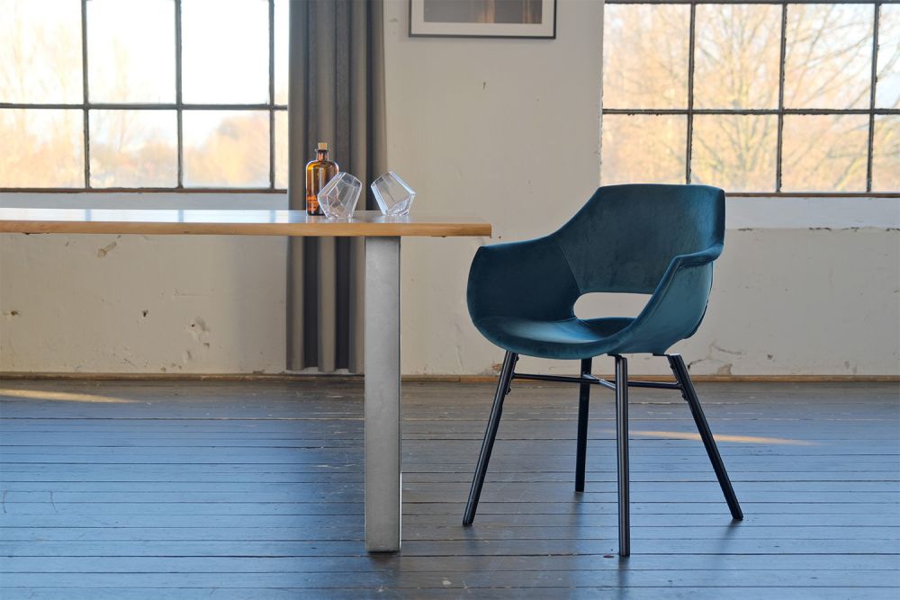 KAWOLA Essgruppe 9-Teilig mit Esstisch Baumkante Fuß silber 200x100cm und 8x Stuhl ZAJA Velvet petrol