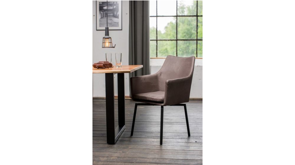 KAWOLA Essgruppe 5-teilig mit Esstisch Baumkante nussbaumfarben Fuß schwarz 160x85 und 4x Stuhl Cali Stoff grau