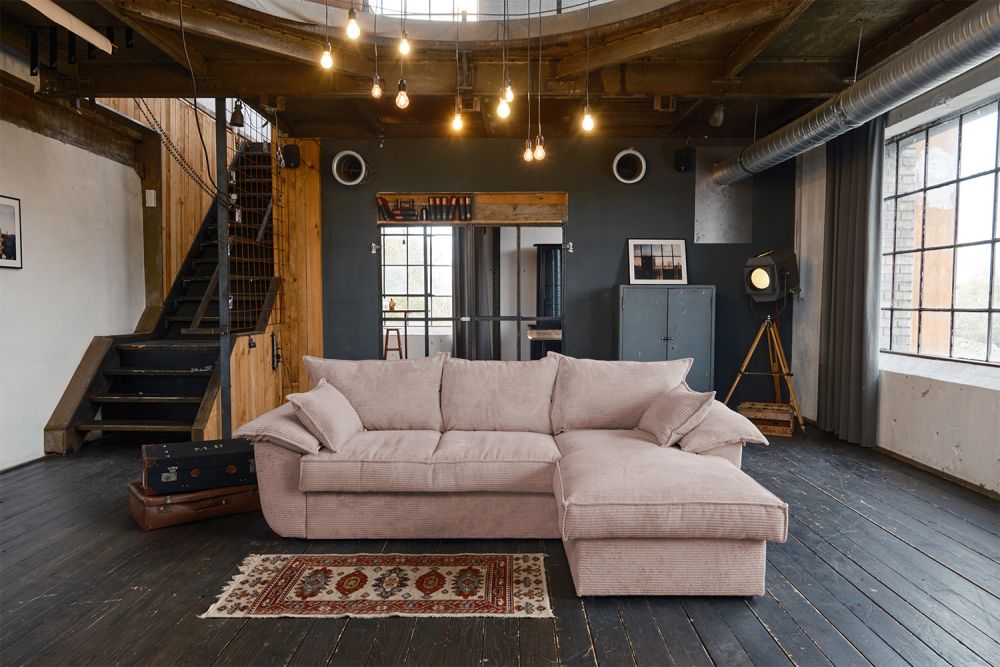 KAWOLA Sofa DAMETO Ecksofa Bettsofa Schlafsofa mit Stauraum Cord rosa