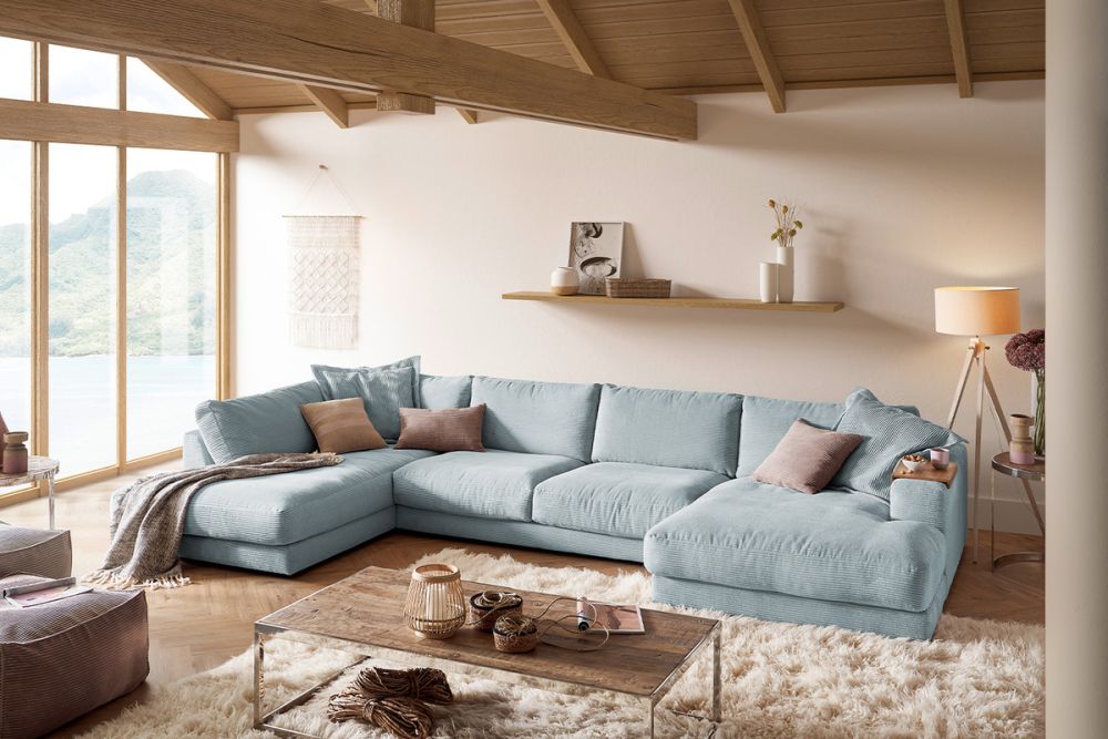 KAWOLA Sofa MADELINE Wohnlandschaft U-Form Cord hellblau