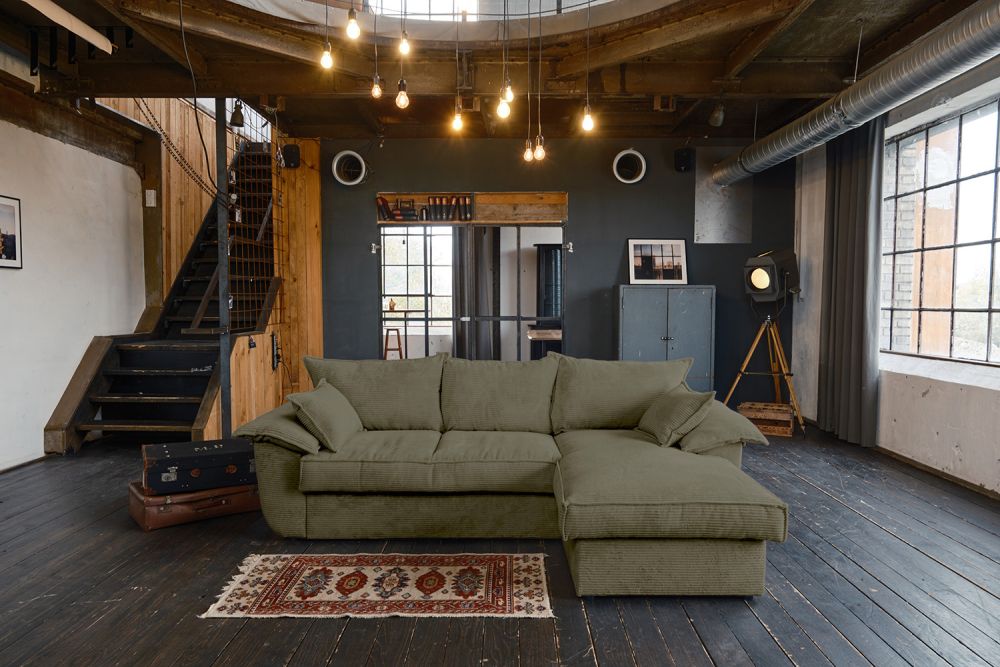 KAWOLA Sofa DAMETO Ecksofa Bettsofa Schlafsofa mit Stauraum Cord olivgrün