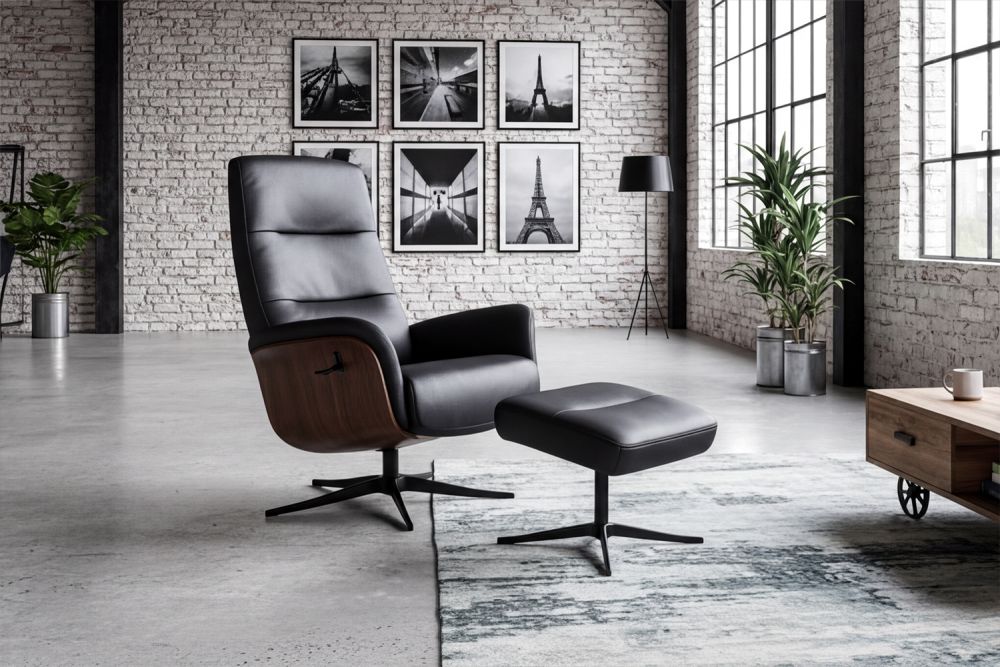 KAWOLA Relaxsessel SILVA Drehsessel Leder schwarz mit Hocker