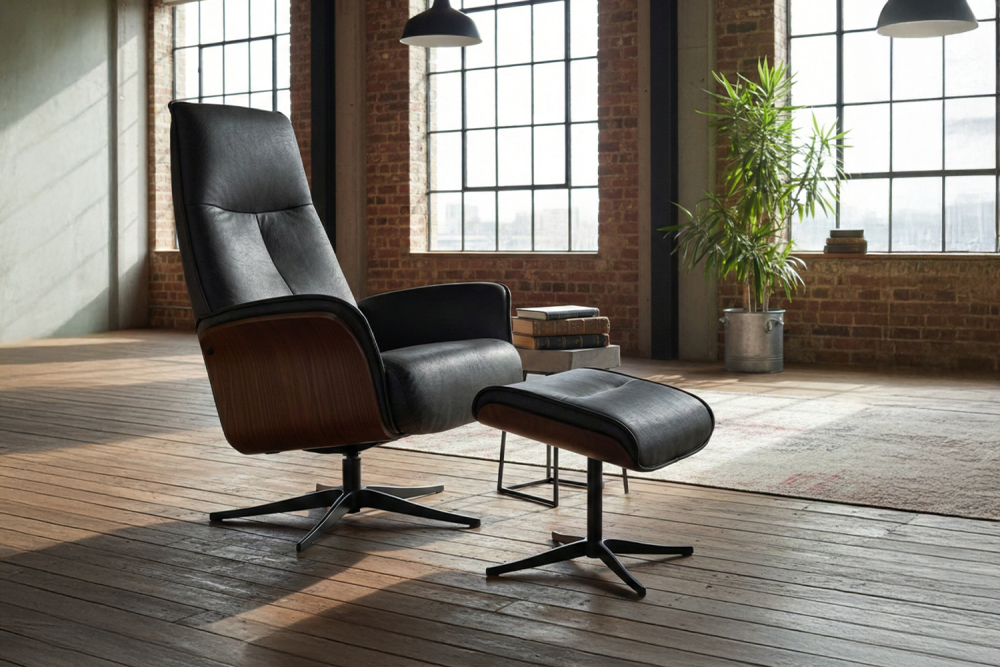 KAWOLA Relaxsessel FERREIRA Drehsessel Leder schwarz mit Hocker