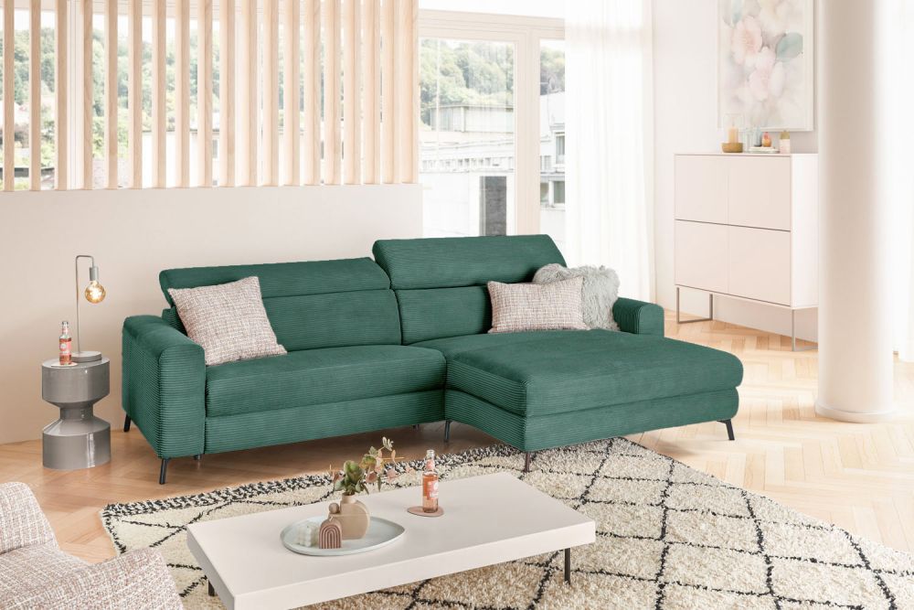 KAWOLA Sofa LAISKA Ecksofa Relaxfunktion teilmotorisch Cord smaragd