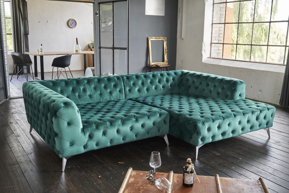 KAWOLA Sofa NARLA Ecksofa Chesterfield Velvet grün