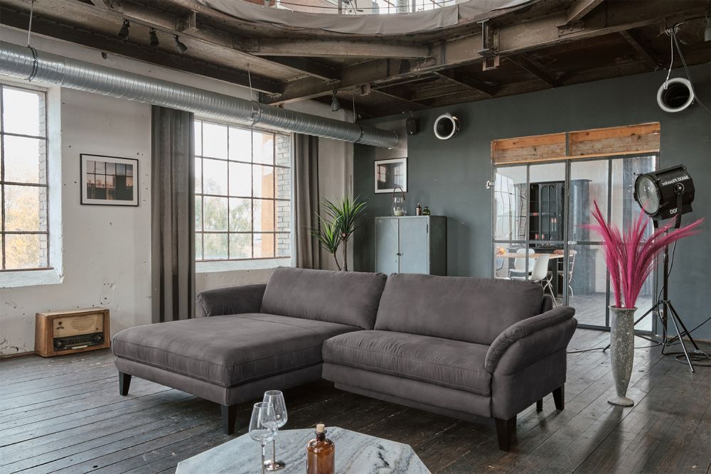 KAWOLA Sofa MALTA Ecksofa Stoff anthrazit mit motorischer Relaxfunktion Recamiere links
