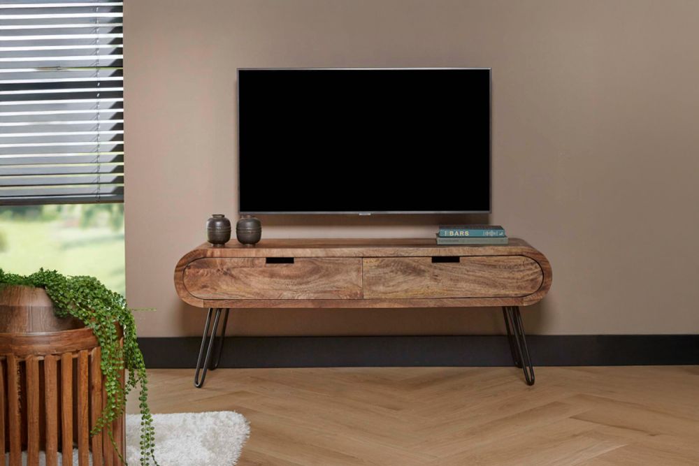 KAWOLA Lowboard EVORA TV-Board Mango massiv sandfarben 2 Schubladen