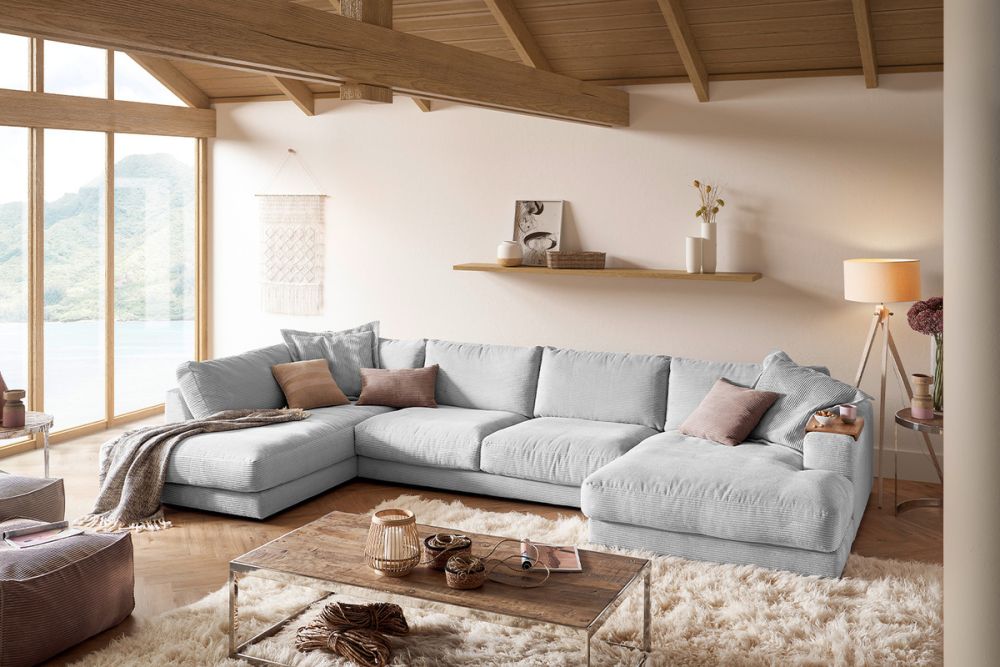 KAWOLA Sofa MADELINE Wohnlandschaft U-Form Cord hellgrau