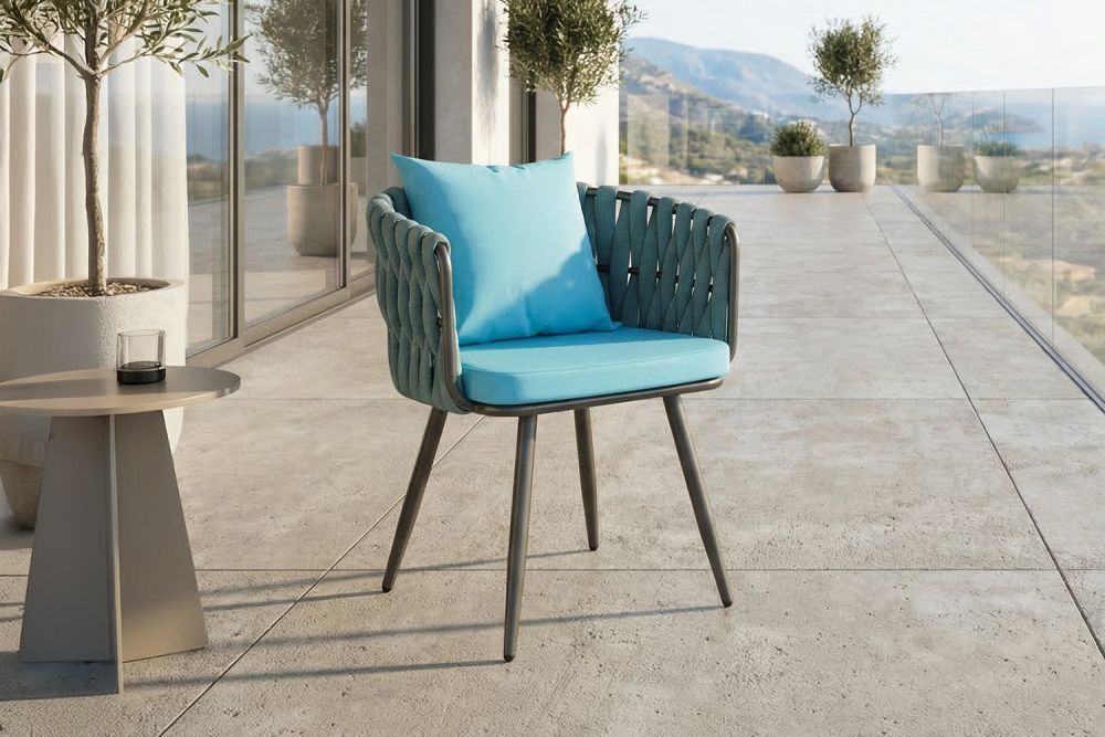 KAWOLA Gartenstuhl LUSHA Outdoor grau Rope petrol mit Kissen