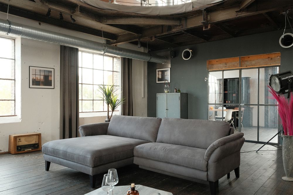 KAWOLA Sofa MALTA Ecksofa Stoff grau Recamiere links