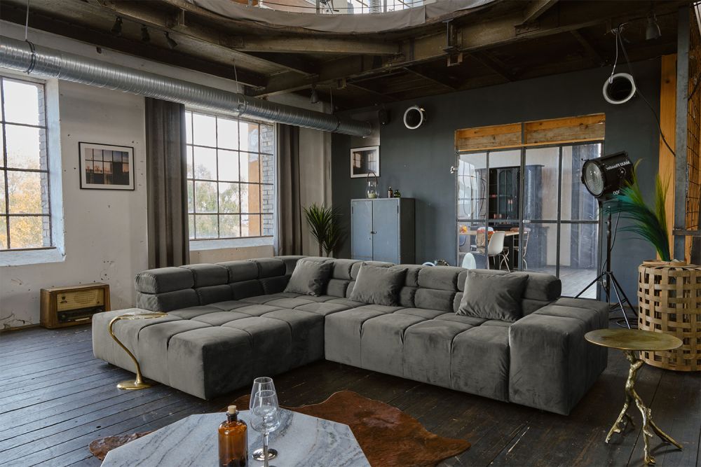 B-Ware KAWOLA Sofa NEVADA Ecksofa Velvet grau Recamiere links mit motorischem Sitzvorzug