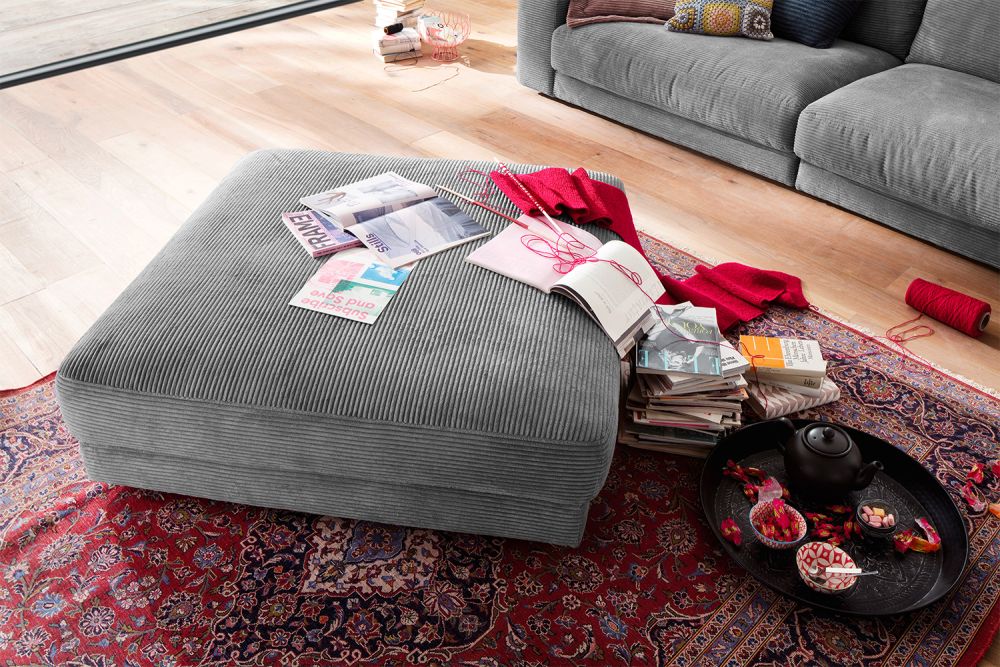 B-Ware KAWOLA Big Hocker MADELINE Polsterhocker Cord grau