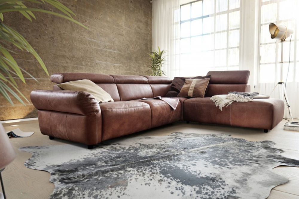 B-Ware KAWOLA Sofa RISO Ecksofa mit motorischer Sitztiefenverstellung Leder braun Recamiere rechts