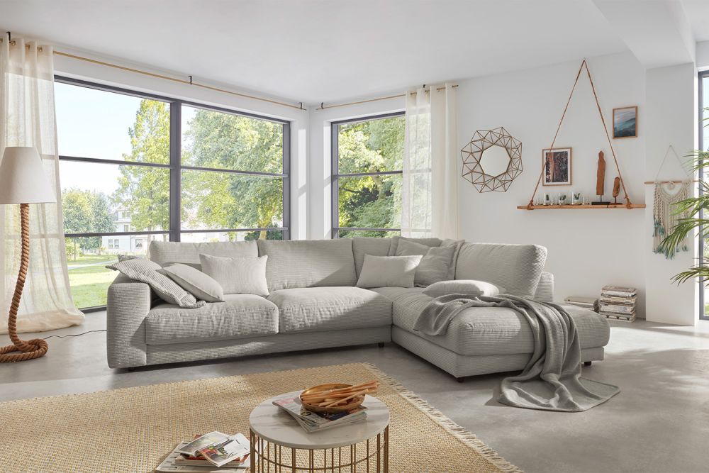 KAWOLA Sofa MADELINE Ecksofa mit Recamiere Cord steingrau