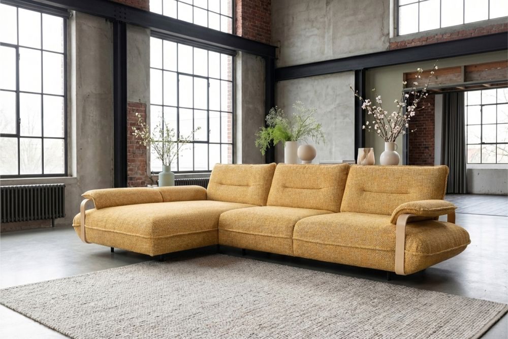 KAWOLA Ecksofa ANISSA Stoff gelb manuelle Rückenverstellung