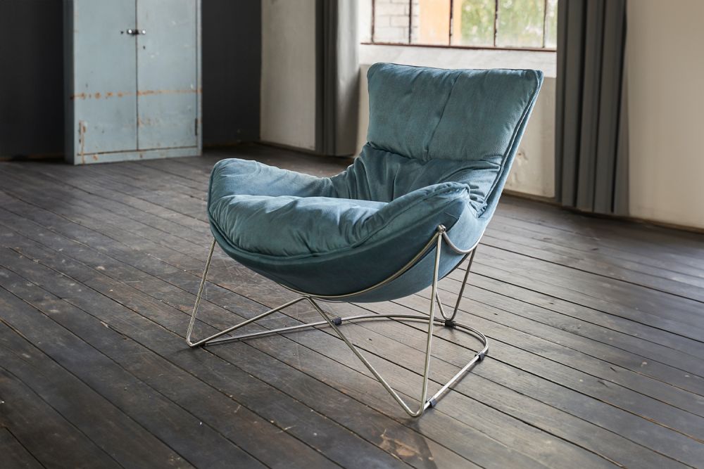 B-Ware KAWOLA Sessel FINA Polstersessel Metallgestell Microfaser blau