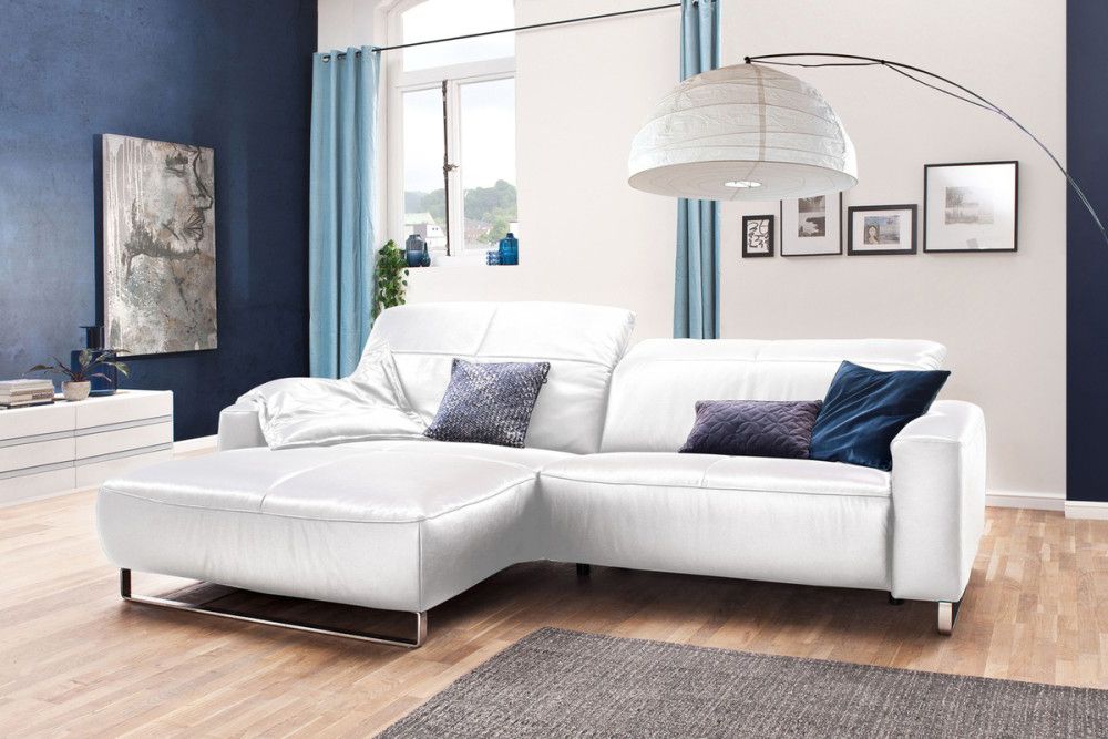 KAWOLA Sofa YORK Leder Life-line white Rec links Fuß Metall Chrom matt