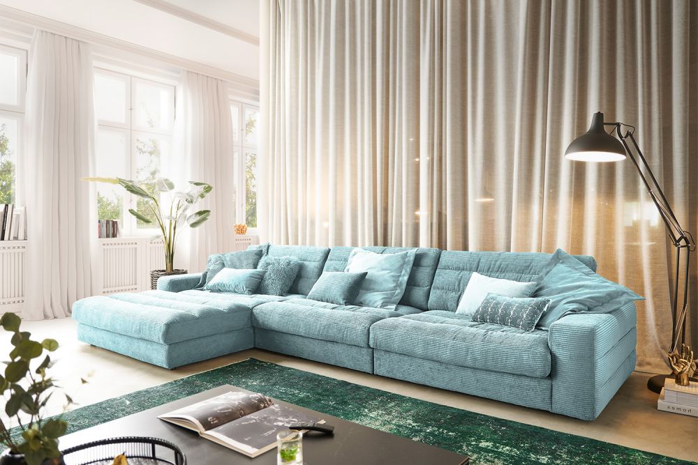 KAWOLA Sofa LANA XL Ecksofa Cord hellblau Recamiere links