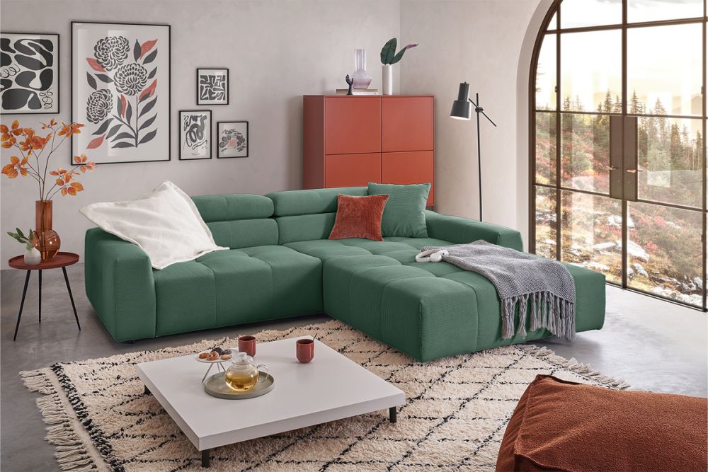 KAWOLA Sofa RENO Ecksofa Feincord grün
