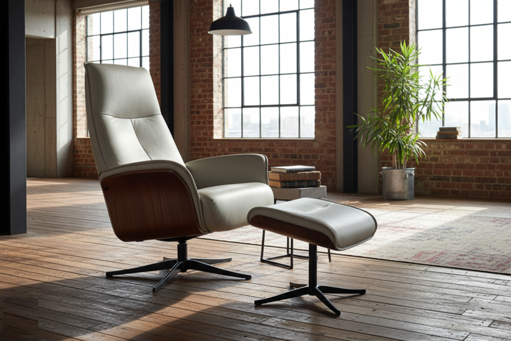 KAWOLA Relaxsessel FERREIRA Drehsessel Leder grau mit Hocker