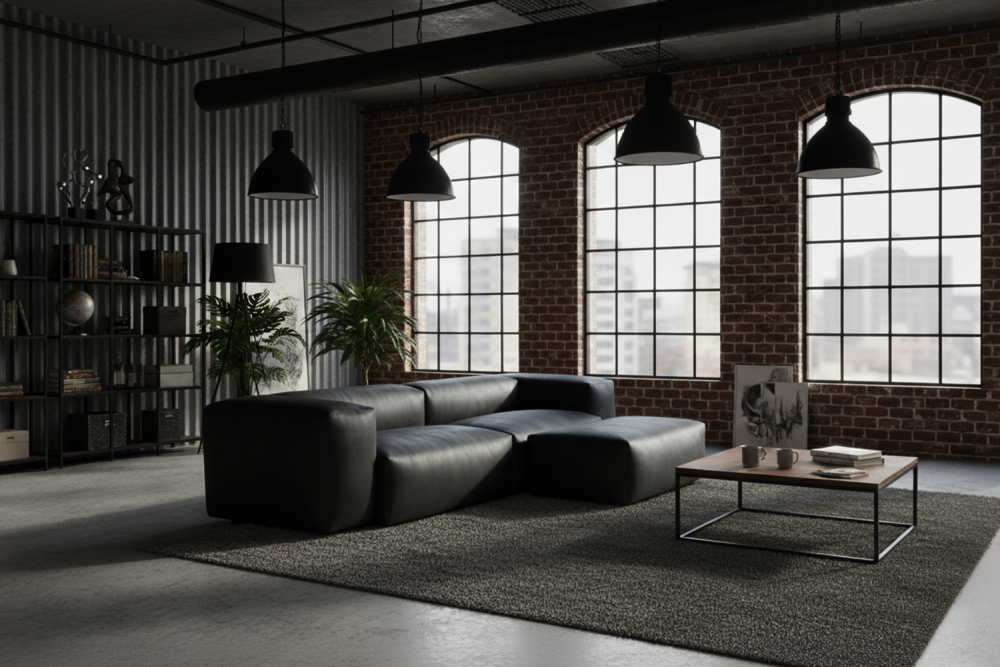 KAWOLA Sofa CELESTE 4-Sitzer mit Hocker Lederfaserstoff schwarz