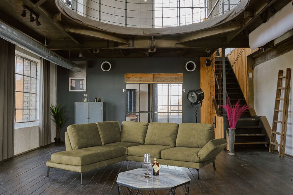 KAWOLA Sofa HURRICANE Ecksofa Stoff olivgrün Recamiere links