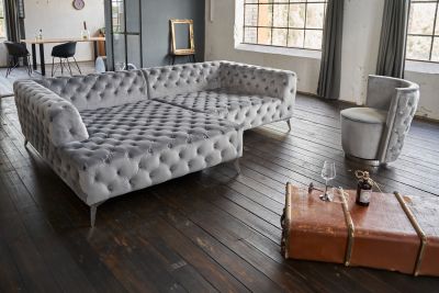 KAWOLA Sofa NARLA Ecksofa Chesterfield Velvet silber links