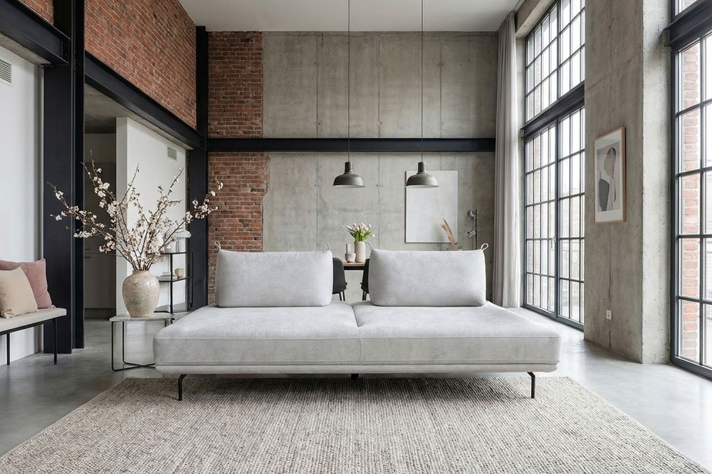 KAWOLA Sofa CANE Schlafsofa Daybed Stoff grau