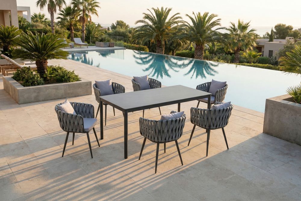 KAWOLA Gartenmöbel Set LUSHA 7-tlg. Stahl hellgrau