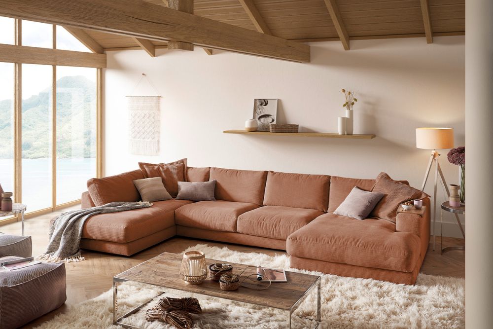 KAWOLA Sofa MADELINE Wohnlandschaft U-Form Cord rost