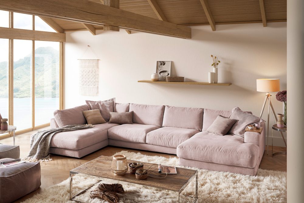 KAWOLA Sofa MADELINE Wohnlandschaft U-Form Cord rosa