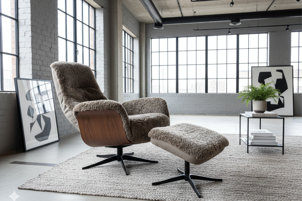 KAWOLA Relaxsessel SILVA Drehsessel Schaffell beige mit Hocker