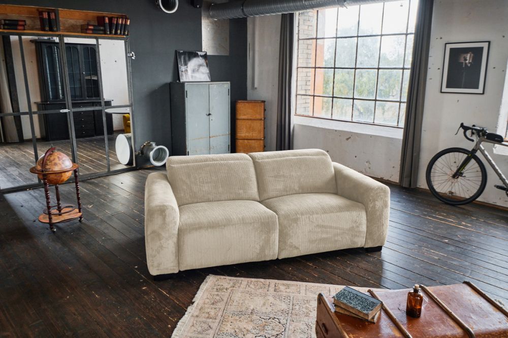 KAWOLA Sofa FINN 3-Sitzer mit Relaxfunktion Cord cremeweiß
