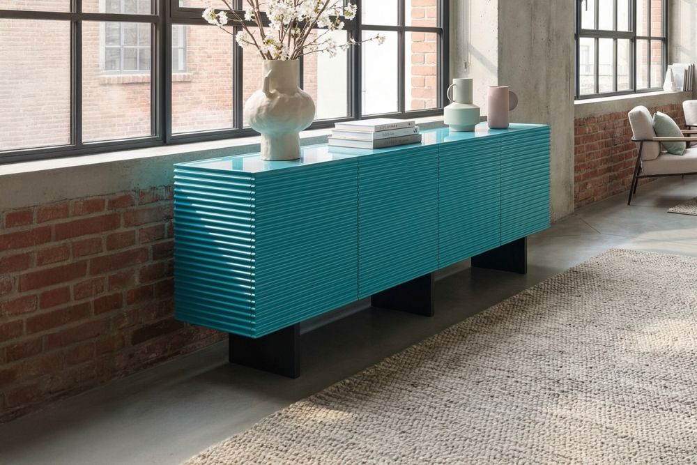 KAWOLA Sideboard LYNN 4 Türen Holz lackiert petrol