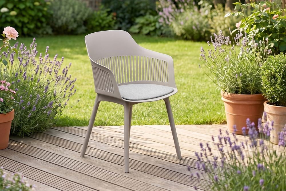 KAWOLA Gartenstuhl ALTEA Outdoor Kunststoff beige mit Kissen