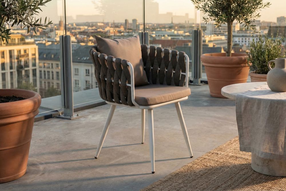 KAWOLA Gartenstuhl LUSHA Outdoor cremefarben Rope dunkelgrau mit Kissen