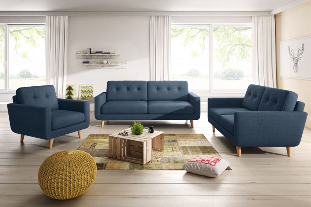 KAWOLA Sitzgruppe ALEXO 3-Sitzer 2-Sitzer Sofa Sessel Stoff blau